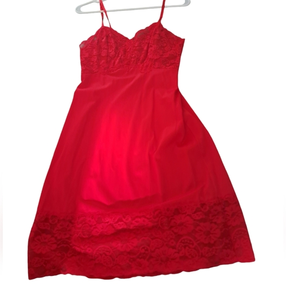 VTG VAN RAALTE bright RED Nylon short slip lace trim Hollywood Glam pin up 32 SM - Picture 10 of 10